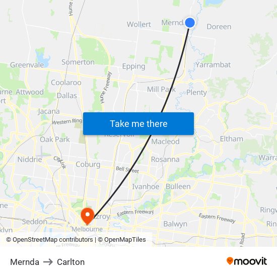 Mernda to Carlton map