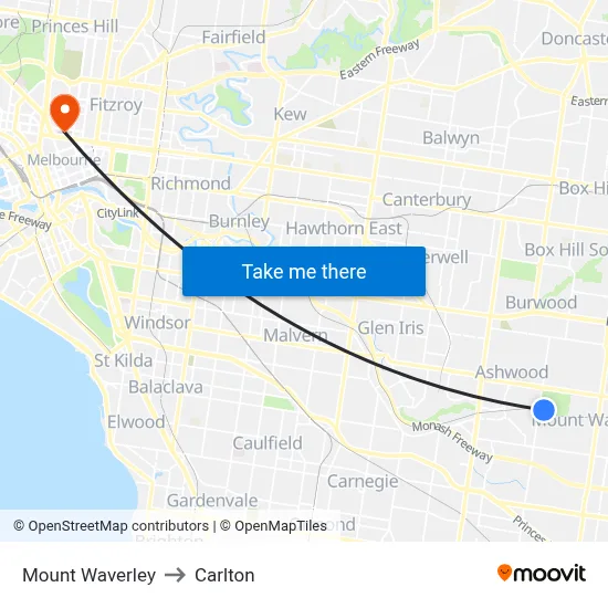 Mount Waverley to Carlton map