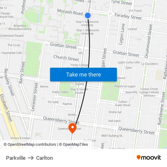 Parkville to Carlton map