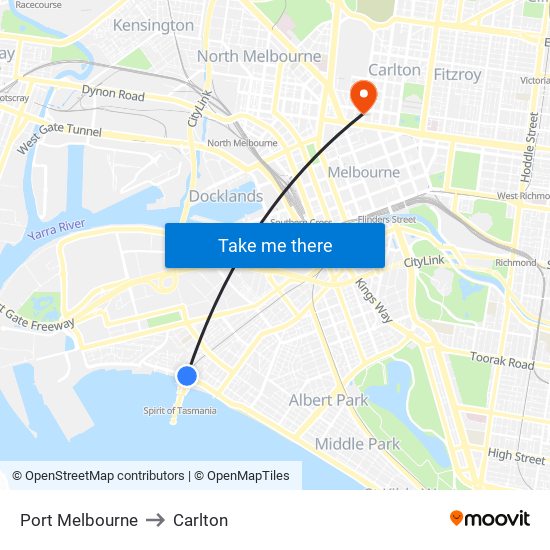 Port Melbourne to Carlton map