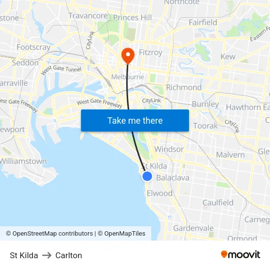 St Kilda to Carlton map