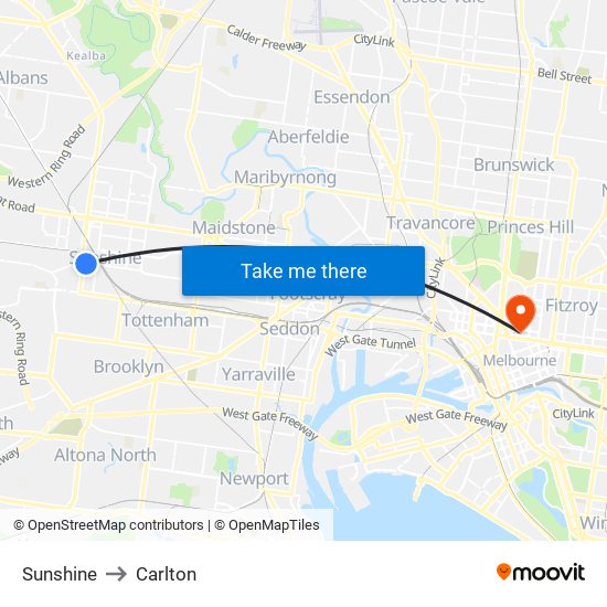 Sunshine to Carlton map