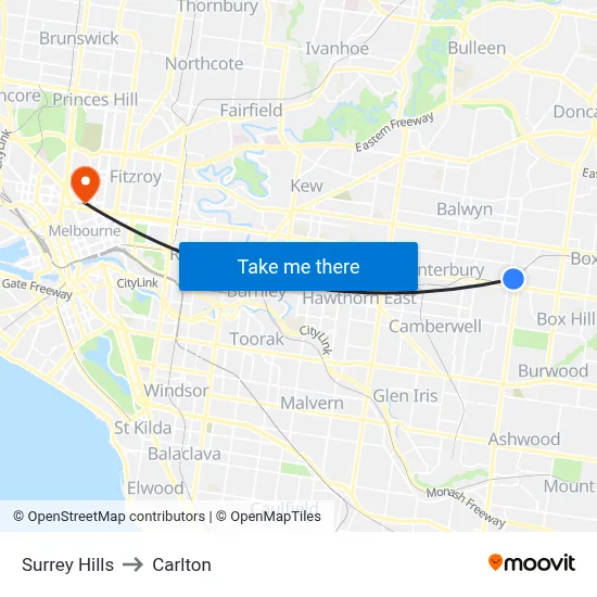 Surrey Hills to Carlton map