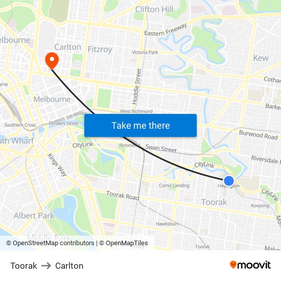 Toorak to Carlton map