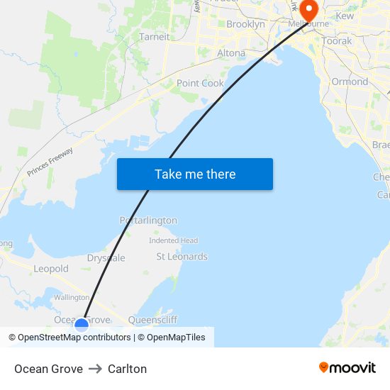 Ocean Grove to Carlton map