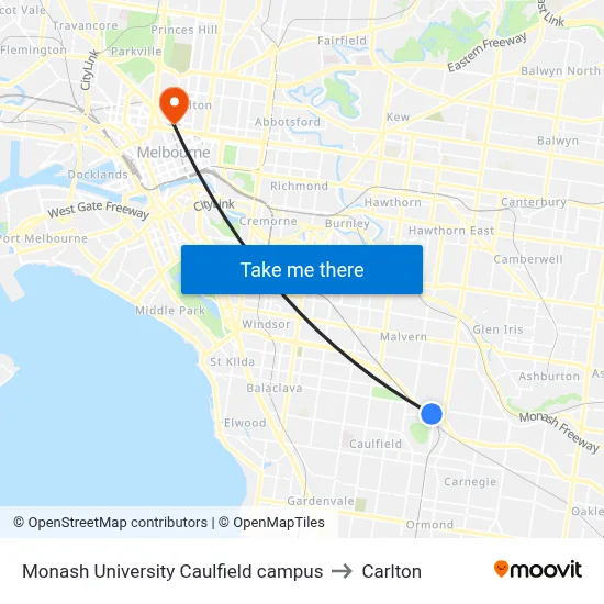 Monash University Caulfield campus to Carlton map