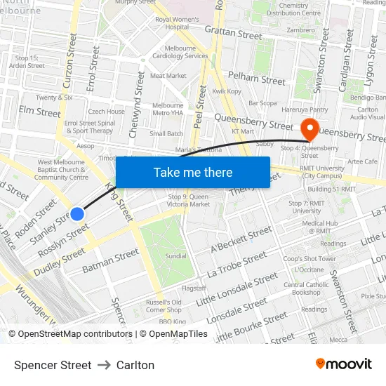 Spencer Street to Carlton map