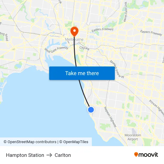 Hampton Station to Carlton map