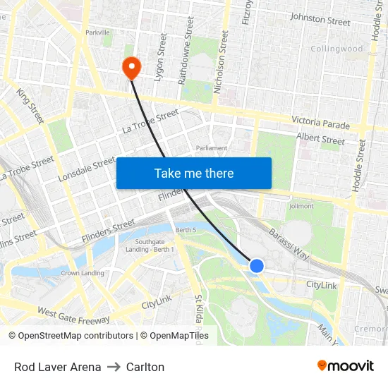 Rod Laver Arena to Carlton map