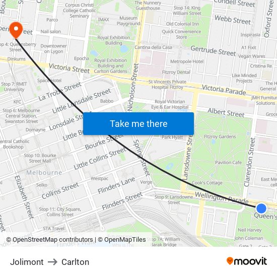 Jolimont to Carlton map