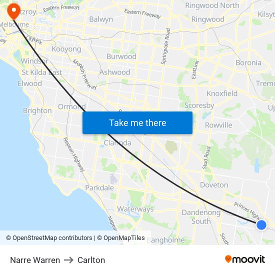 Narre Warren to Carlton map