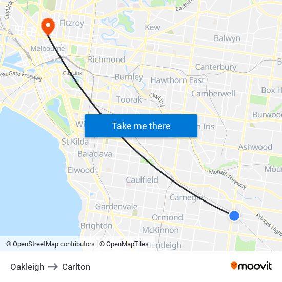 Oakleigh to Carlton map