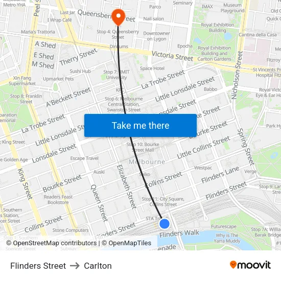 Flinders Street to Carlton map