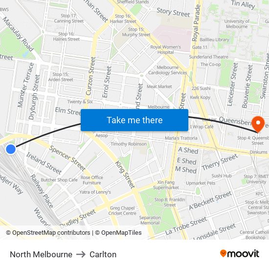 North Melbourne to Carlton map