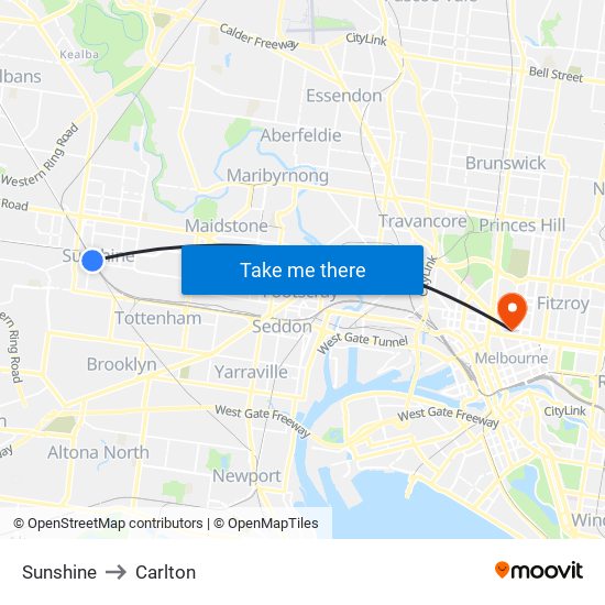 Sunshine to Carlton map