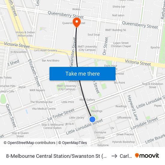 8-Melbourne Central Station/Swanston St (Melbourne City) to Carlton map