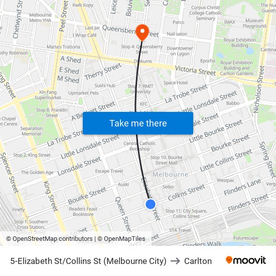 5-Elizabeth St/Collins St (Melbourne City) to Carlton map