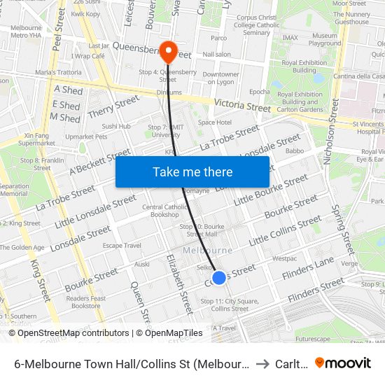6-Melbourne Town Hall/Collins St (Melbourne City) to Carlton map