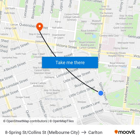 8-Spring St/Collins St (Melbourne City) to Carlton map
