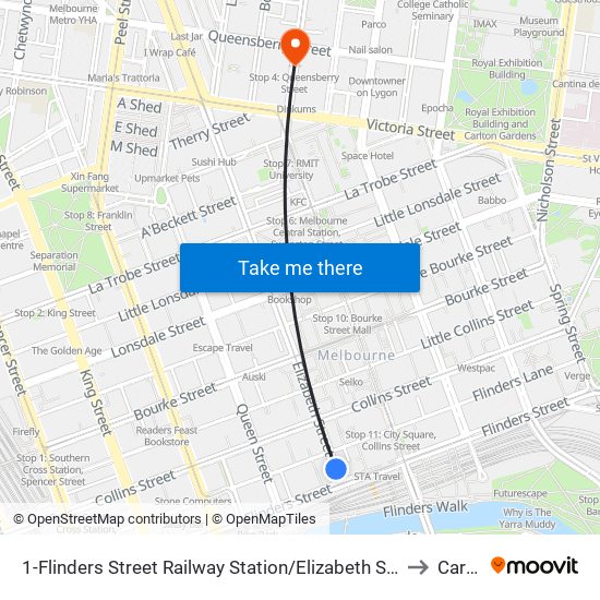 1-Flinders Street Railway Station/Elizabeth St (Melbourne City) to Carlton map