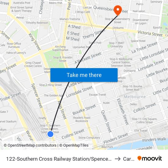 122-Southern Cross Railway Station/Spencer St (Melbourne City) to Carlton map