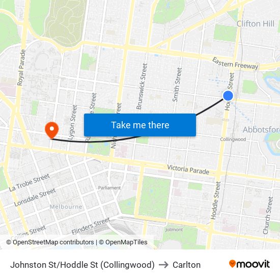 Johnston St/Hoddle St (Collingwood) to Carlton map