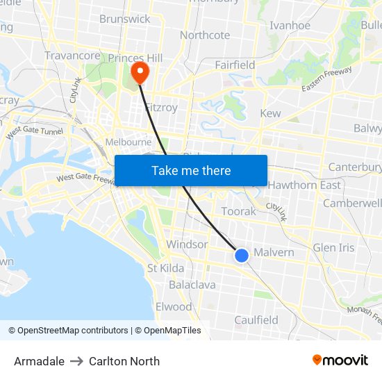 Armadale to Carlton North map