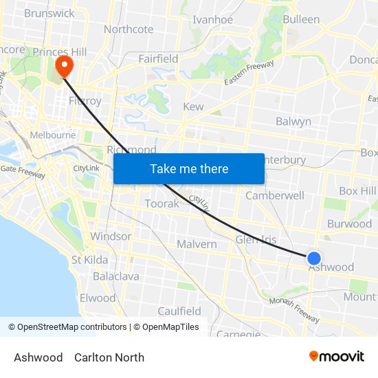 Ashwood to Carlton North map