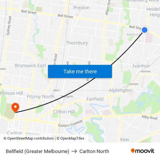 Bellfield (Greater Melbourne) to Carlton North map