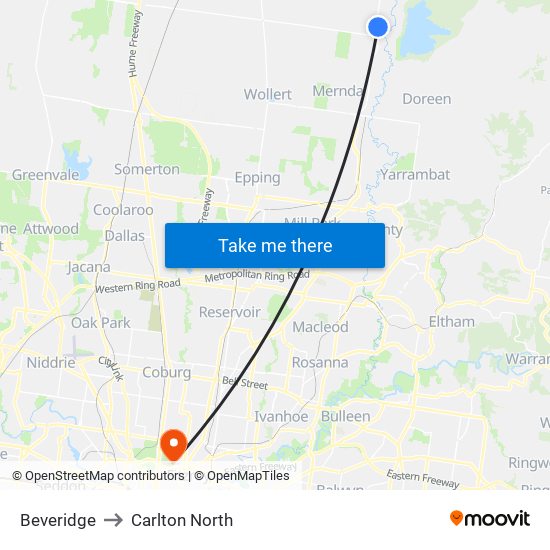 Beveridge to Carlton North map