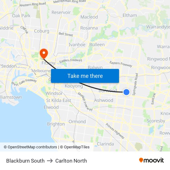 Blackburn South to Carlton North map