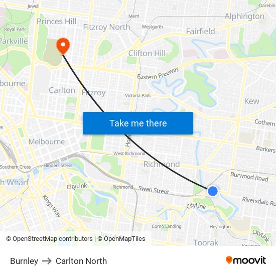 Burnley to Carlton North map