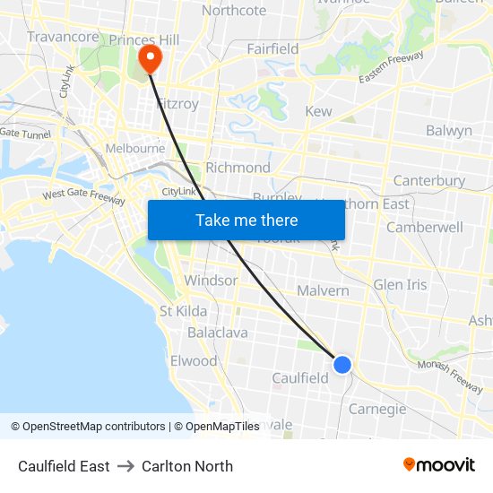 Caulfield East to Carlton North map