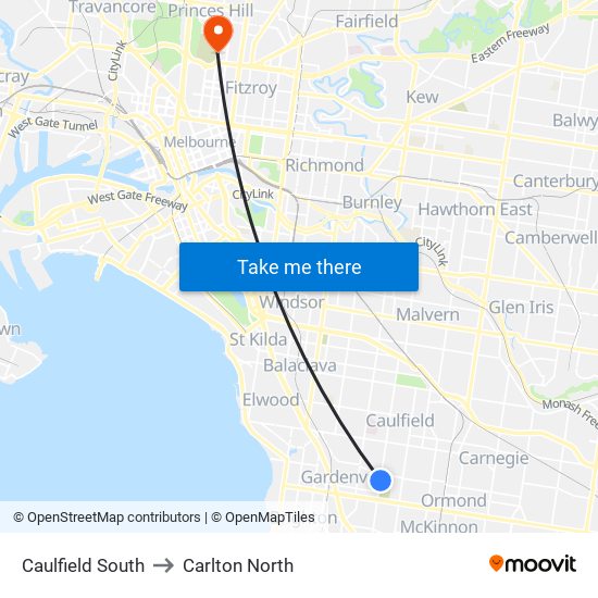 Caulfield South to Carlton North map