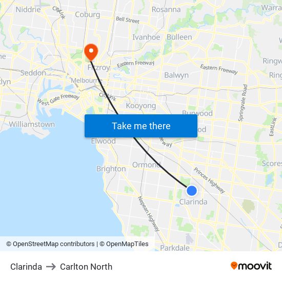 Clarinda to Carlton North map