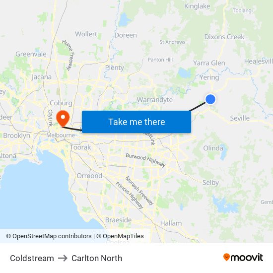 Coldstream to Carlton North map