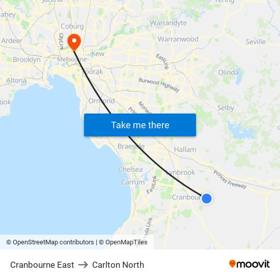 Cranbourne East to Carlton North map