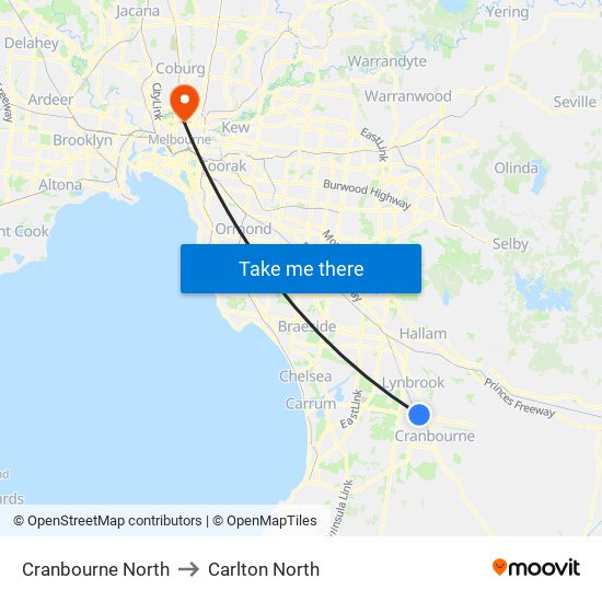 Cranbourne North to Carlton North map