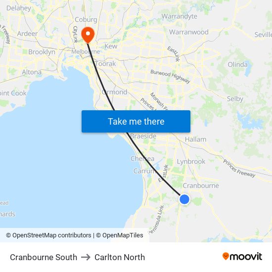 Cranbourne South to Carlton North map