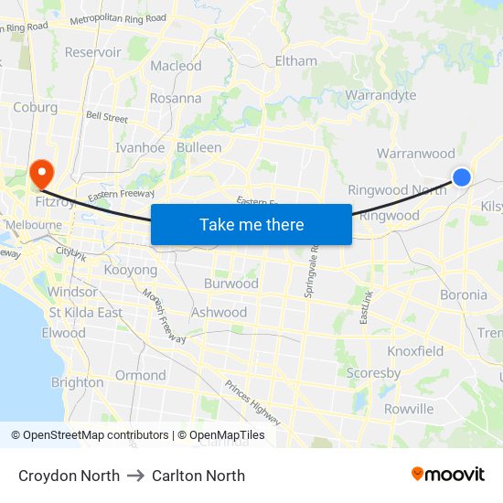 Croydon North to Carlton North map