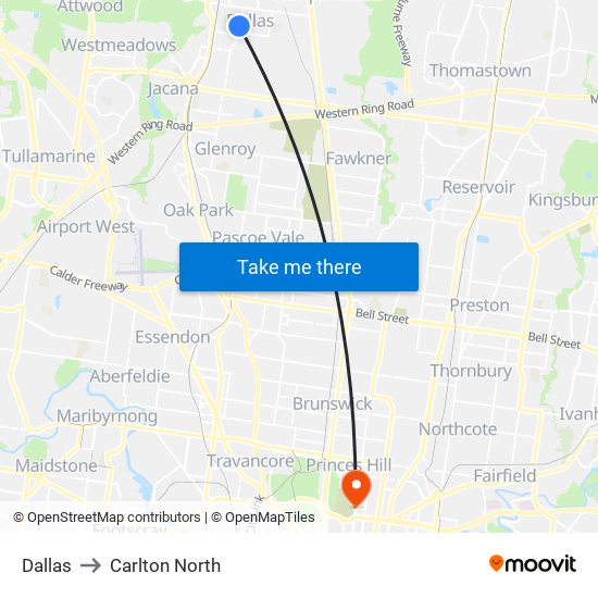 Dallas to Carlton North map