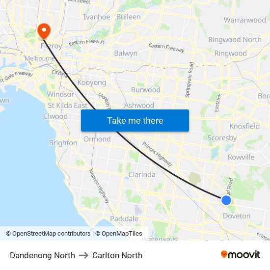 Dandenong North to Carlton North map