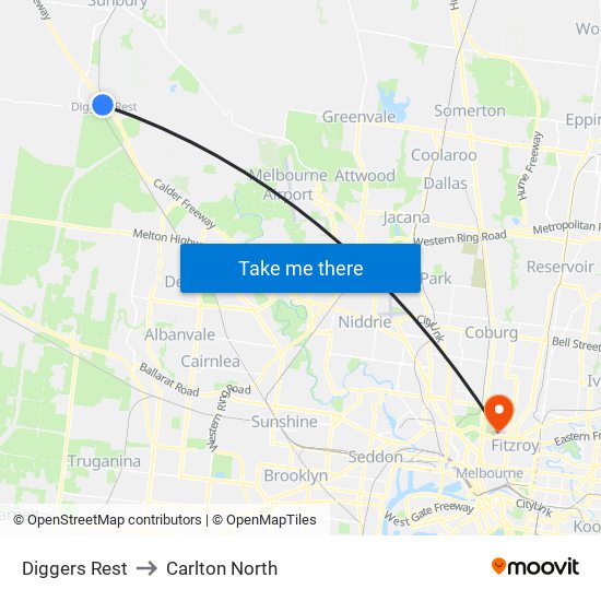 Diggers Rest to Carlton North map