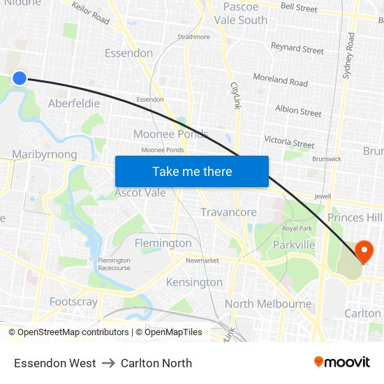 Essendon West to Carlton North map