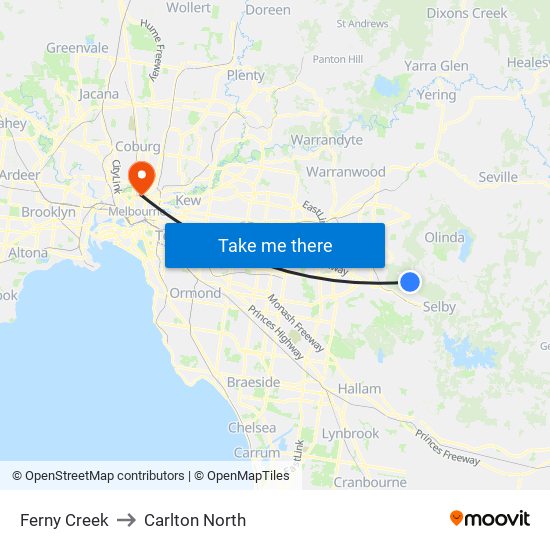 Ferny Creek to Carlton North map