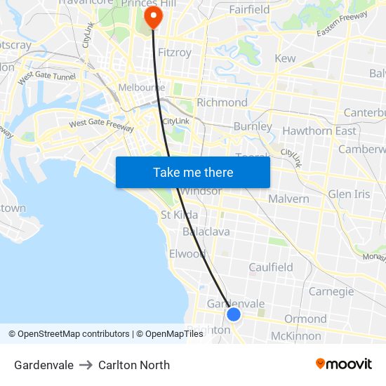 Gardenvale to Carlton North map