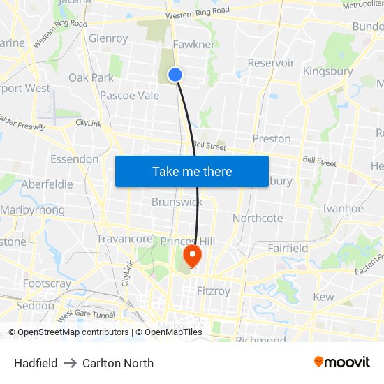 Hadfield to Carlton North map