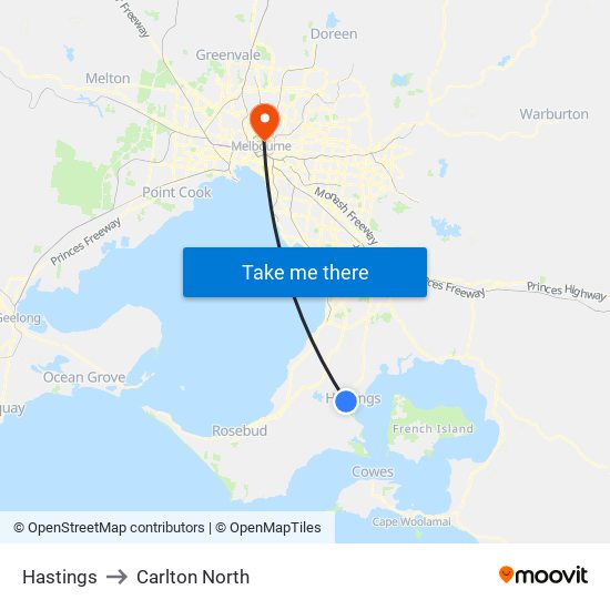 Hastings to Carlton North map