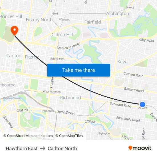 Hawthorn East to Carlton North map