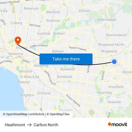 Heathmont to Carlton North map